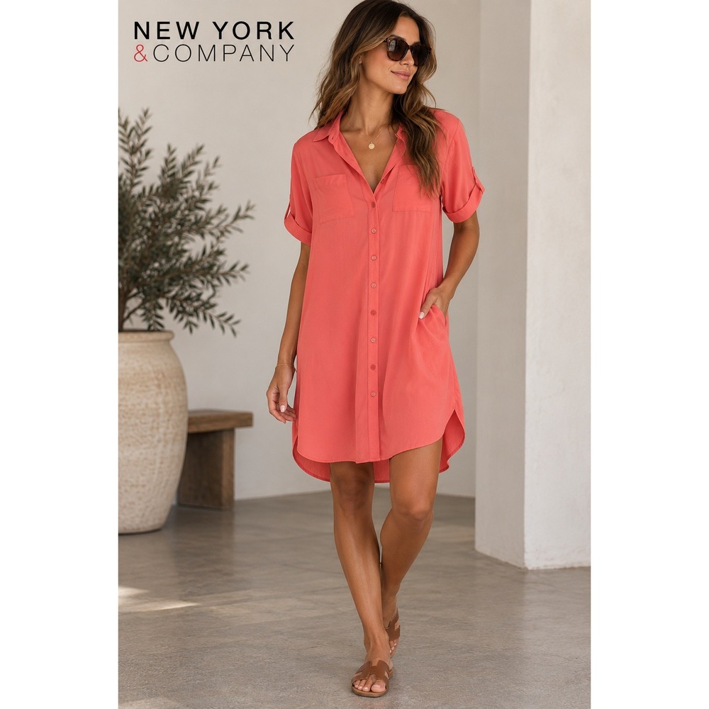New York & Company Coral Pink Roll Tab Button Down Shirt Dress M